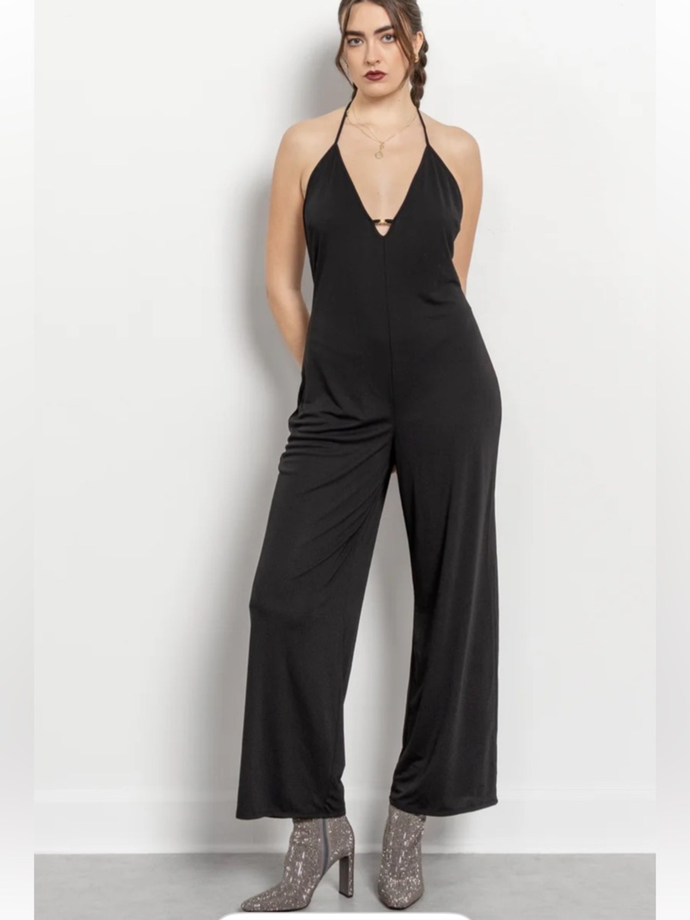 Victoria's Secret Black Halter Neck Jumpsuit Size Medium Pantsuit Deep Plunge